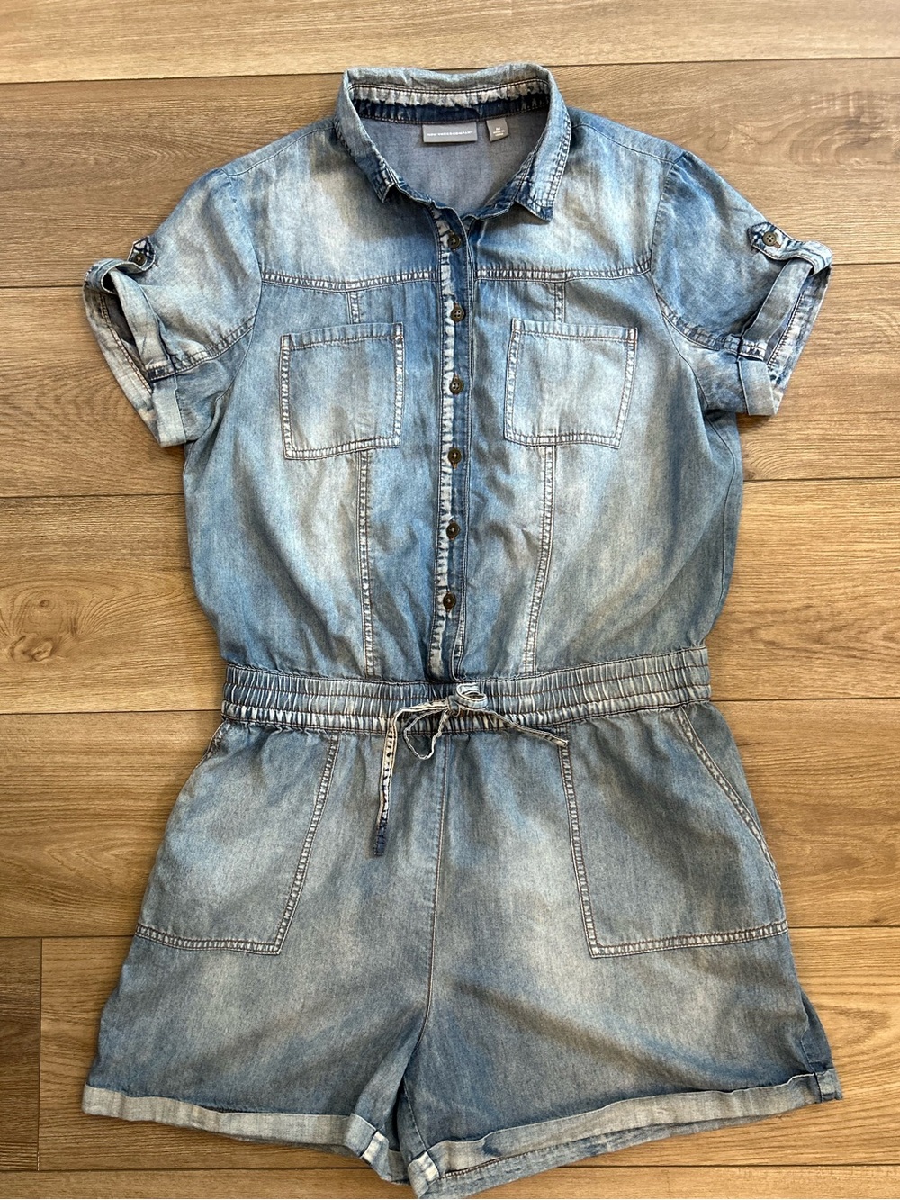 New York & Company Chambray Denim Romper Utility Roll Tab Medium